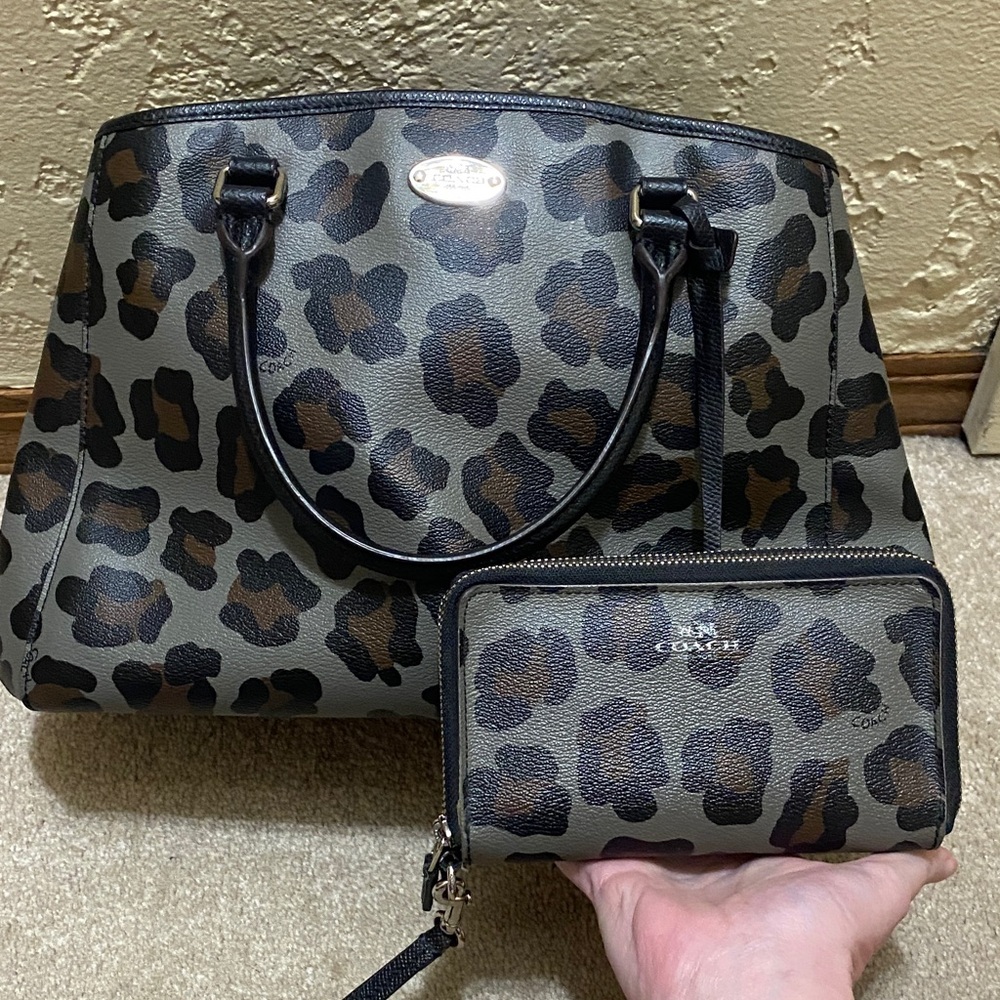 Coach black leopard/cheetah bag and wallet-firm